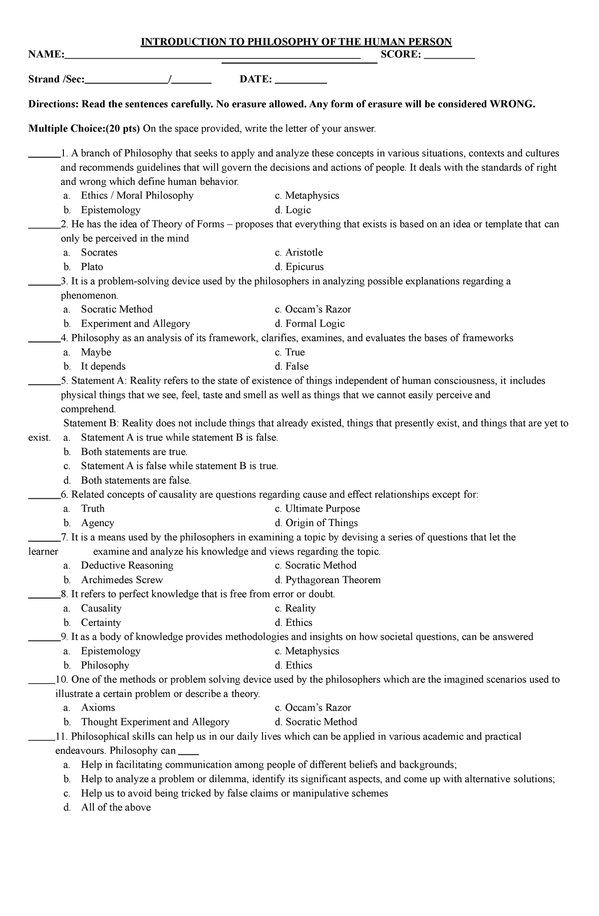 Summative-4th q-Philo - INTRODUCTION TO PHILOSOPHY OF THE HUMAN PERSON ...