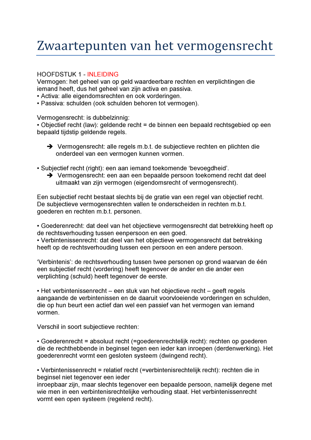 Samenvatting: Zwaartepunten Van Het Vermogensrecht - Zwaartepunten Van ...