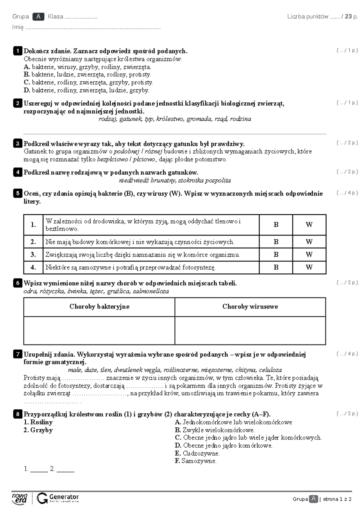 Test Z Biologia Klasa 5 Dzial 1 Do Druku Kolorowanki Minecraft
