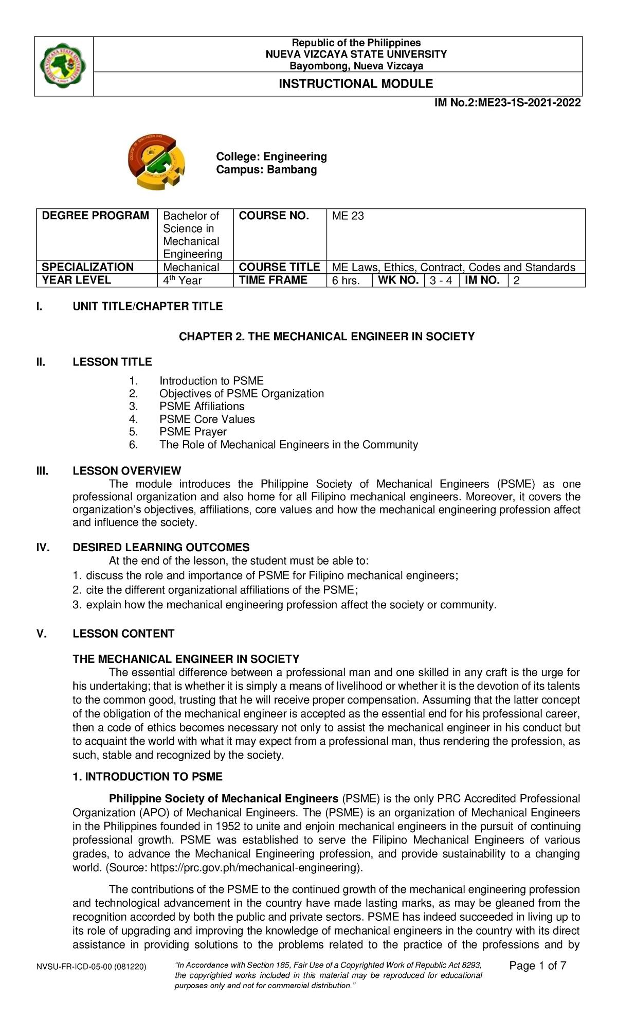 Me-laws-2-nvsu-fr-icd-05-00 - Nueva Vizcaya State University Bayombong 