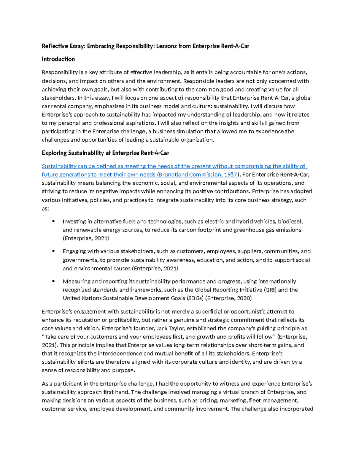 Enterprise rent a car Reflective Essay Embracing Responsibility