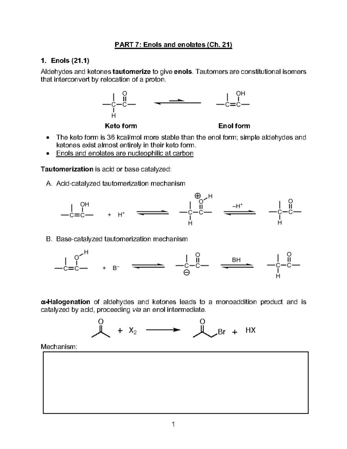 CH223 Course Package 7 Enolates - PART 7: Enols And Enolates (Ch. 21 ...