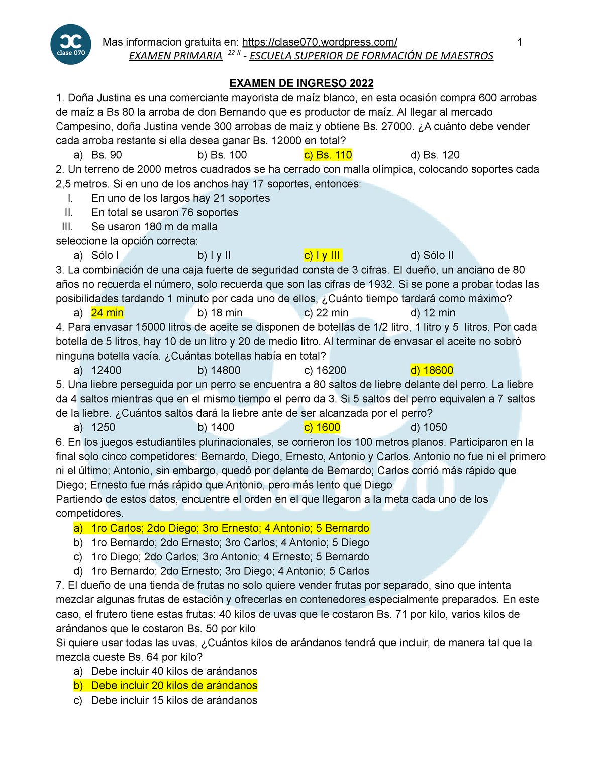 Examen DE Ingreso 2022-II-2 - EXAMEN PRIMARIA 22-II - ESCUELA