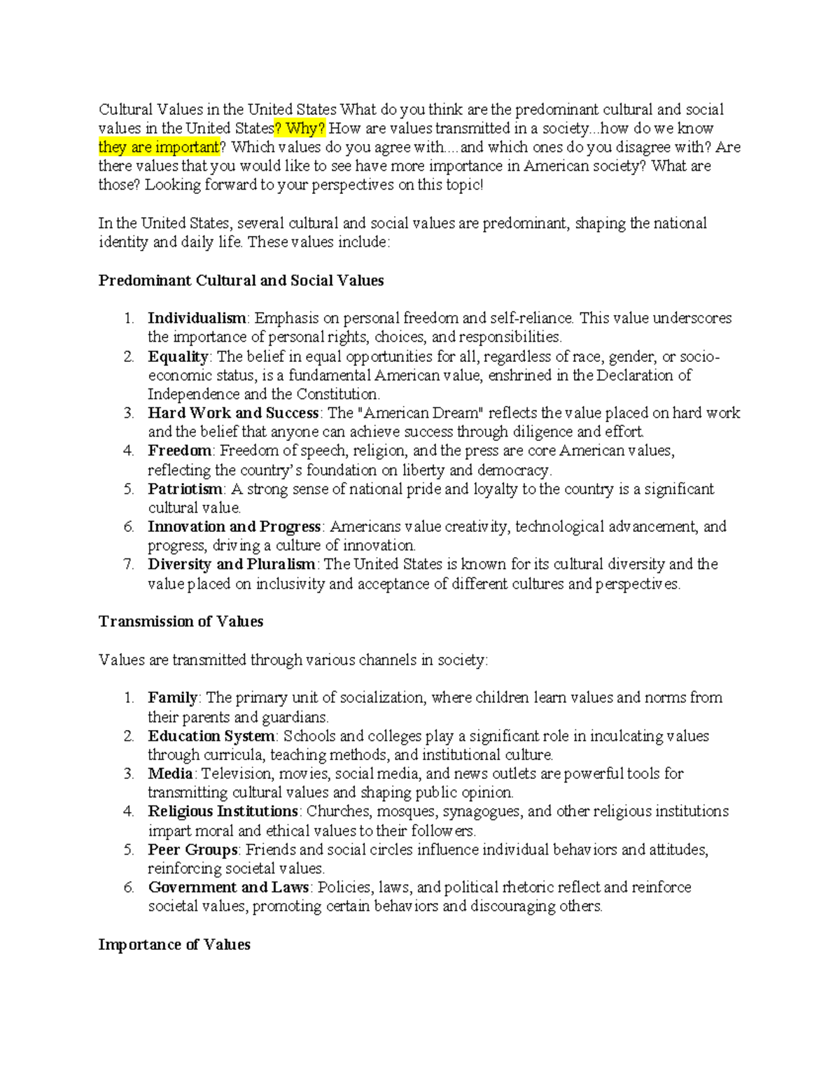 Cultural Values in the United States - . do we know they are important ...