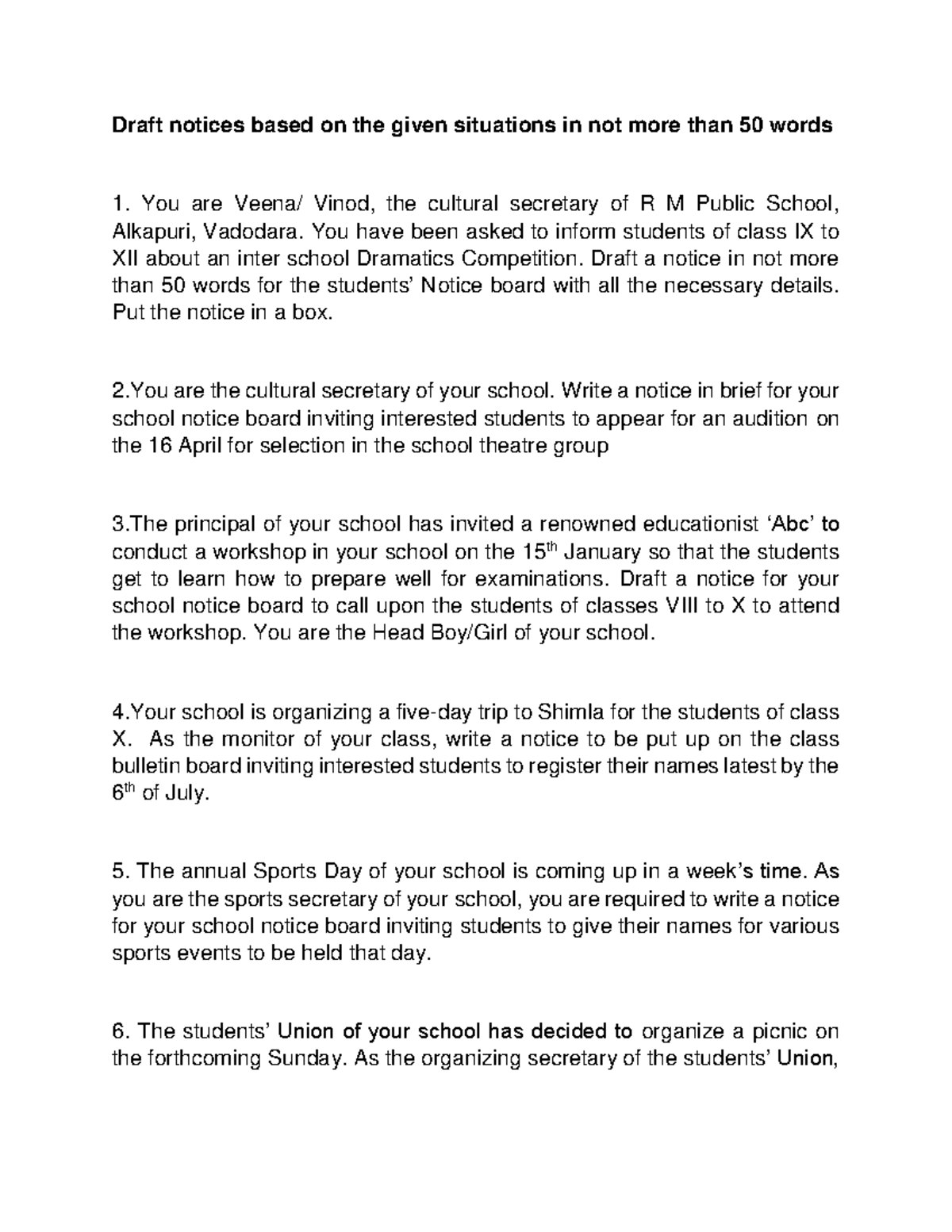 notice writing of 12 - Draft notices based on the given situations in ...
