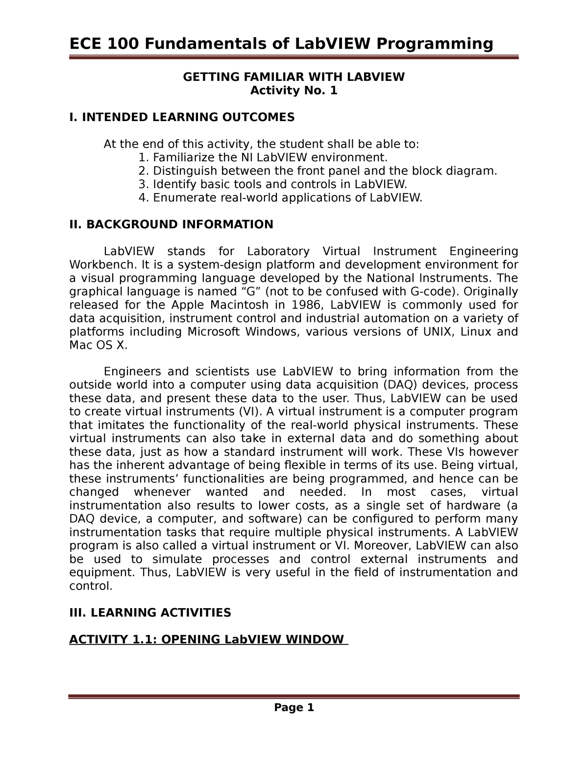 Activity 1-Getting Familiar with Lab VIEW - GETTING FAMILIAR WITH ...