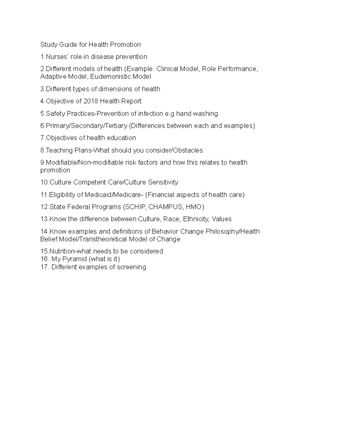 HP study guide + Q&A - n/a - Study Guide for Health Promotion 1’ role ...