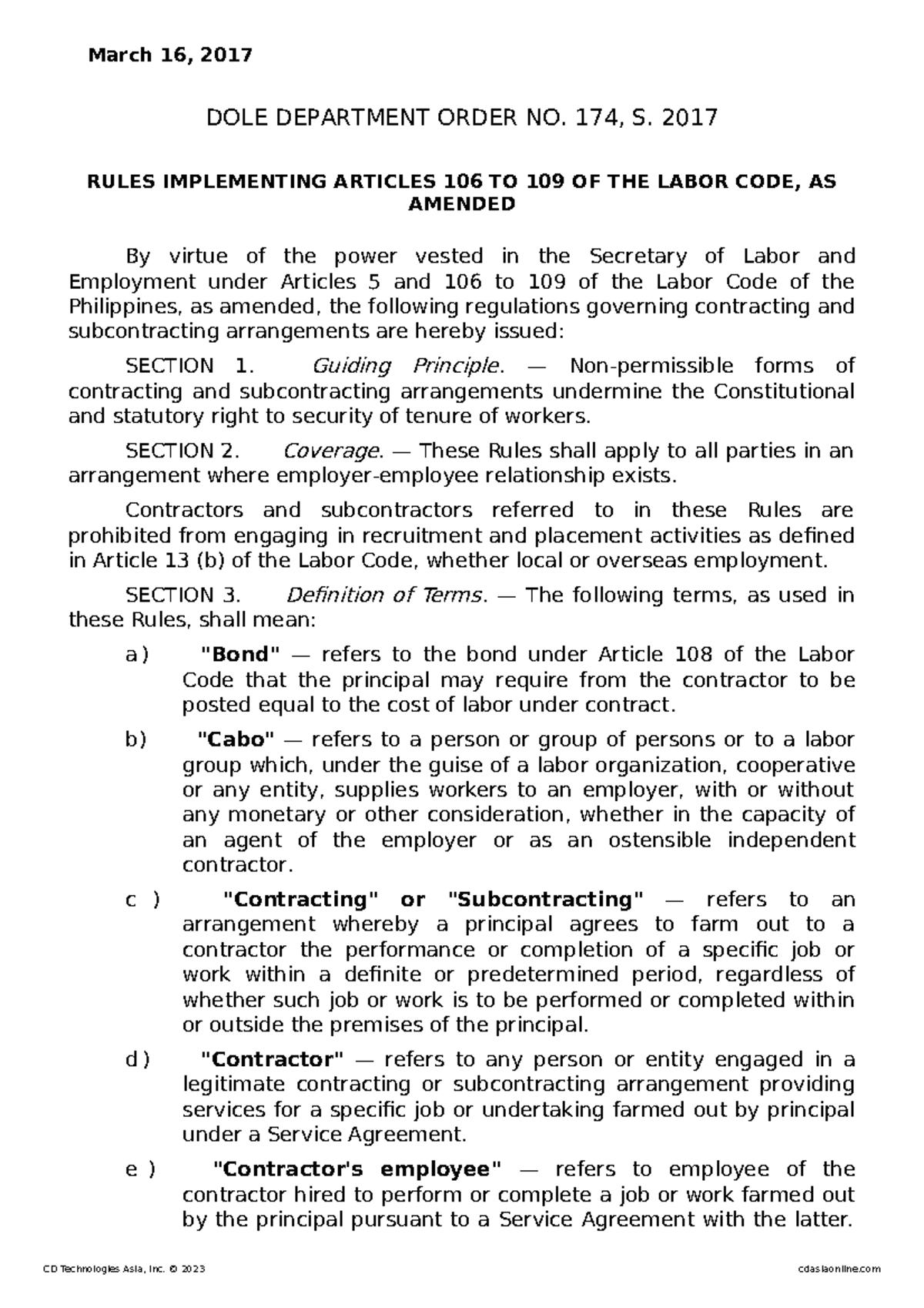 DO 174-17 - March 16, 2017 DOLE DEPARTMENT ORDER NO. 174, S. 2017 RULES ...