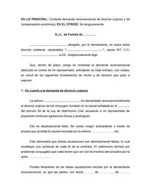 Divorcio. Contesta Demanda Reconvencional Y Compensacion Economica - EN LO  PRINCIPAL: Contesta - Studocu