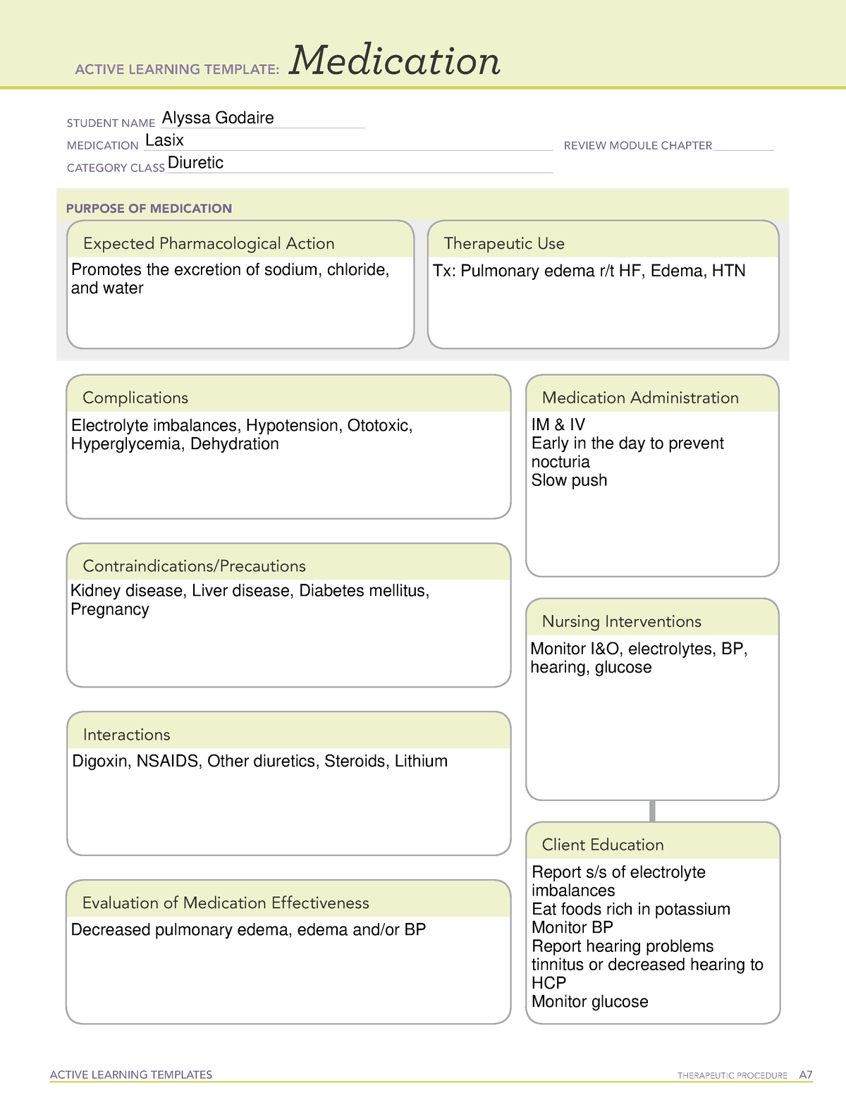 Lasix ACTIVE LEARNING TEMPLATES TherapeuTic procedure A Medication