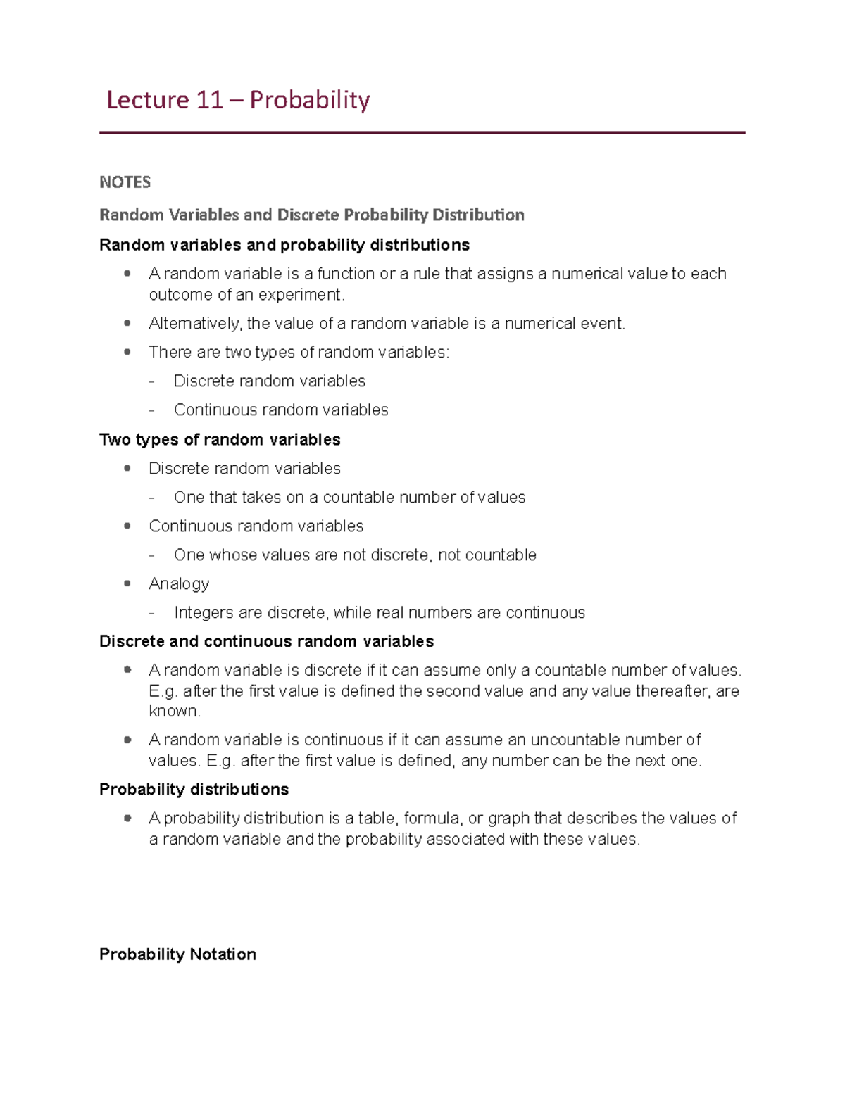 Lecture 11 & 12 - Lecture 11 – Probability NOTES Random Variables And ...