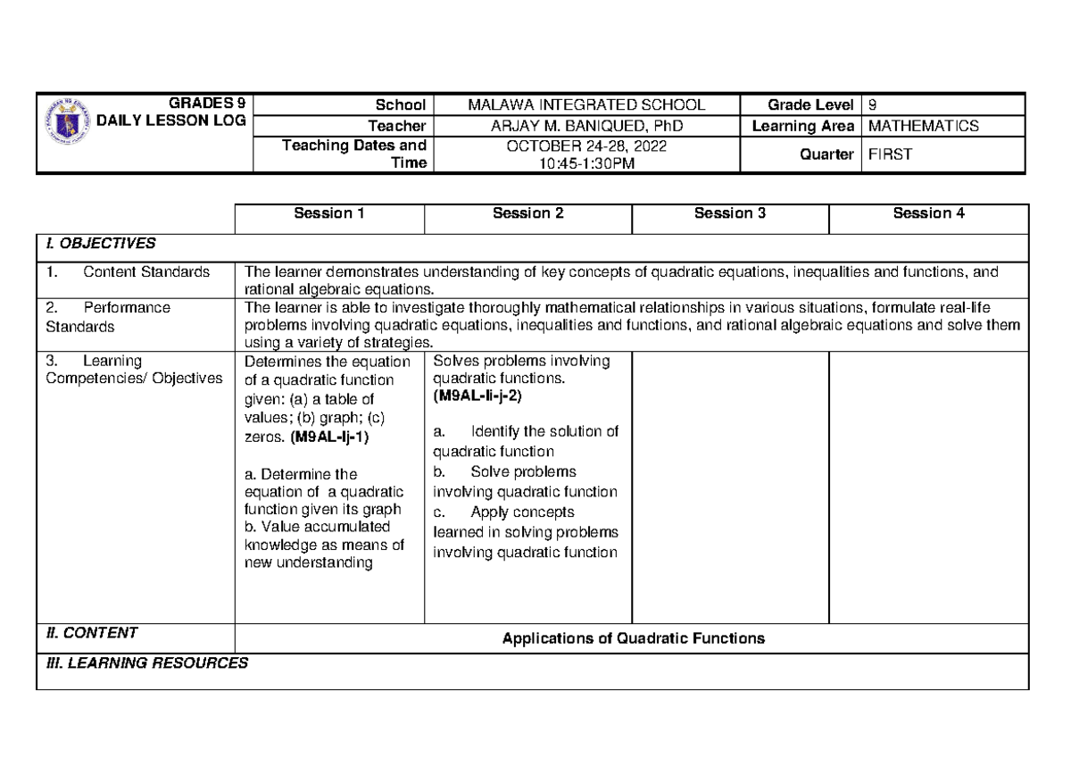 DLL-WK 9-LC 15, 16 ( Grade 9) - October 24-28, 2022 - GRADES 9 DAILY ...