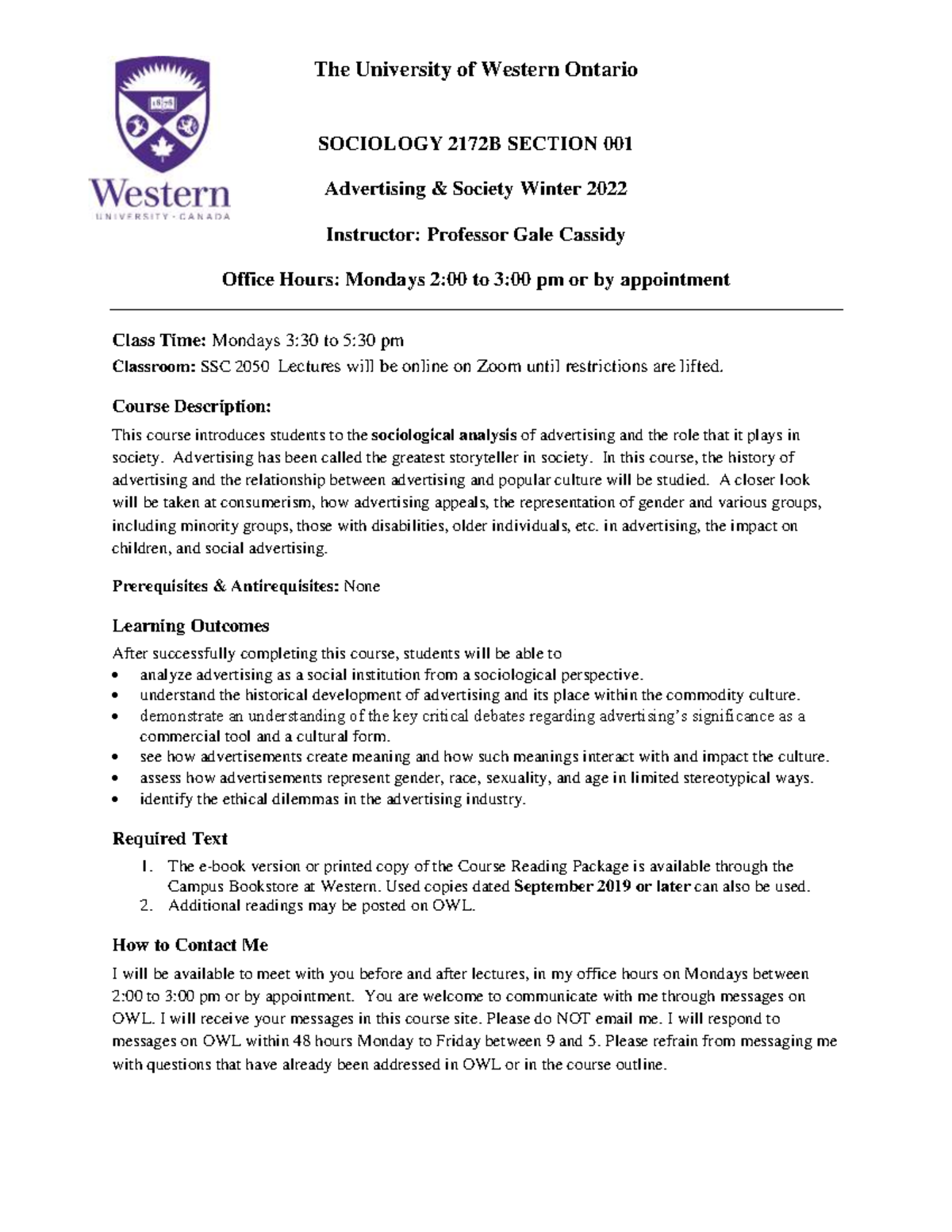 Syllabus - The University of Western Ontario SOCIOLOGY 2172B SECTION ...