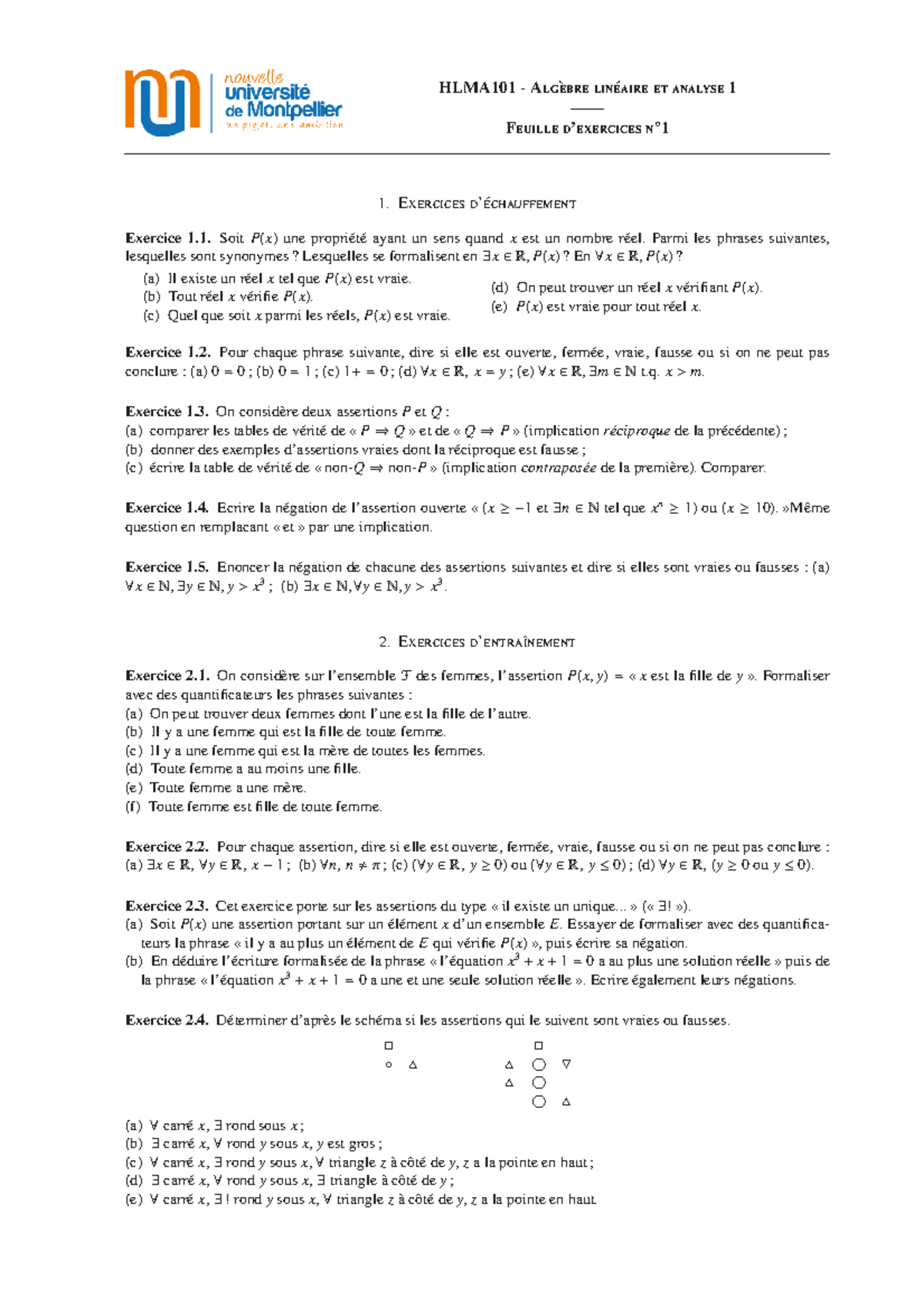 Exercices 1 - HLMA101 - Alg`ebre Lin´eaire Et Analyse 1 —— Feuille D ...