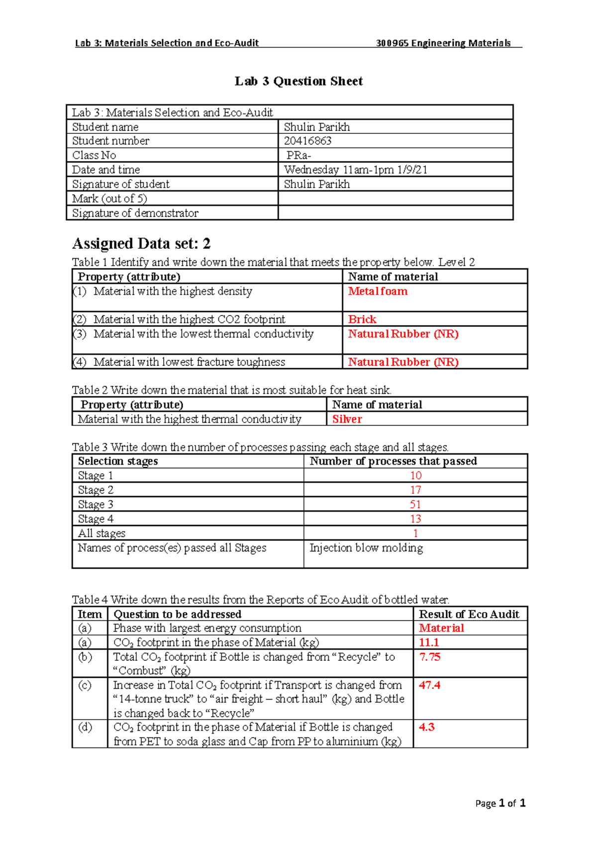 Lab 3 answer sheet - Lab 3: Materials Selection and Eco-Audit 300965 ...