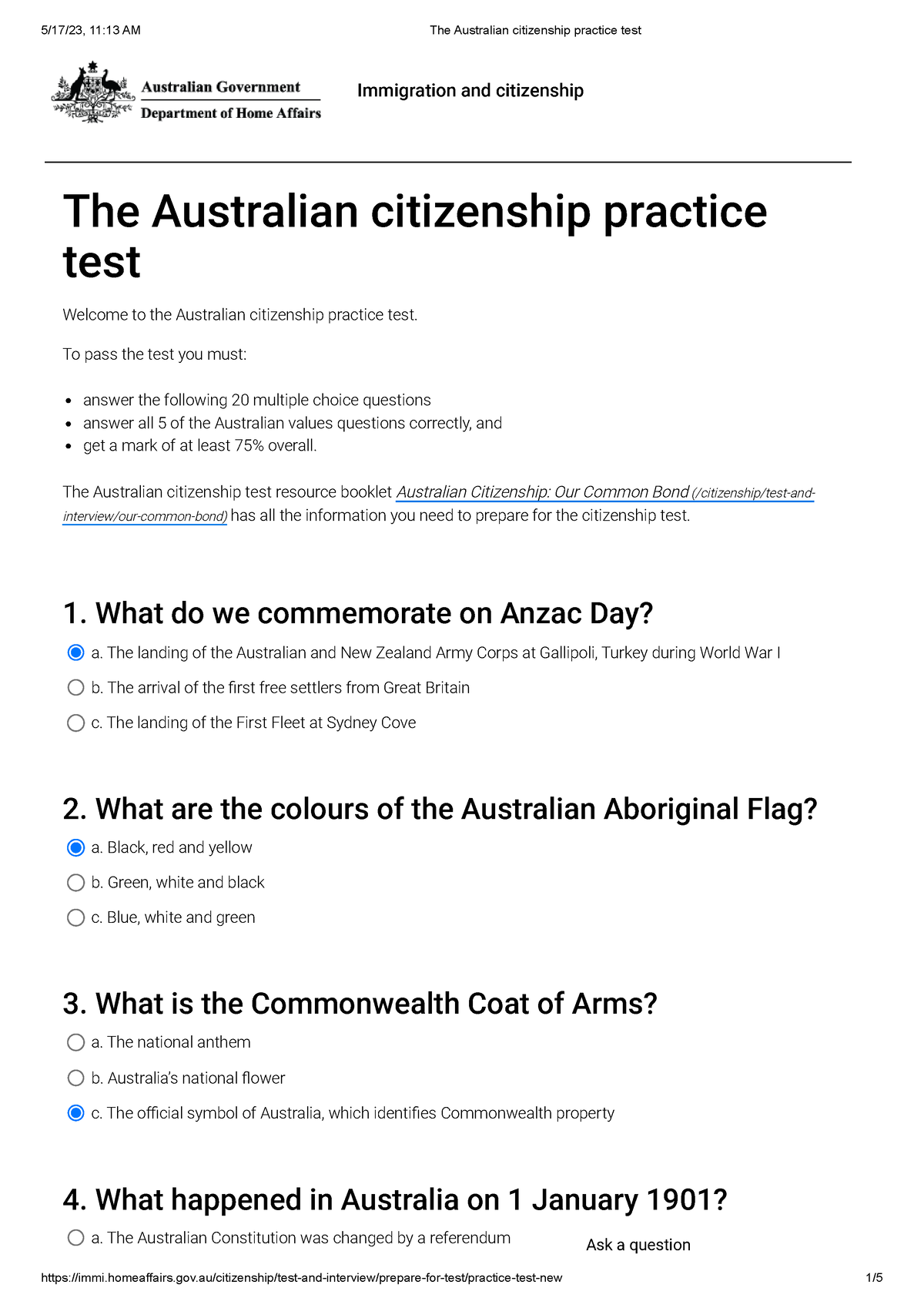 Citizenship test Humanities work The Australian citizenship