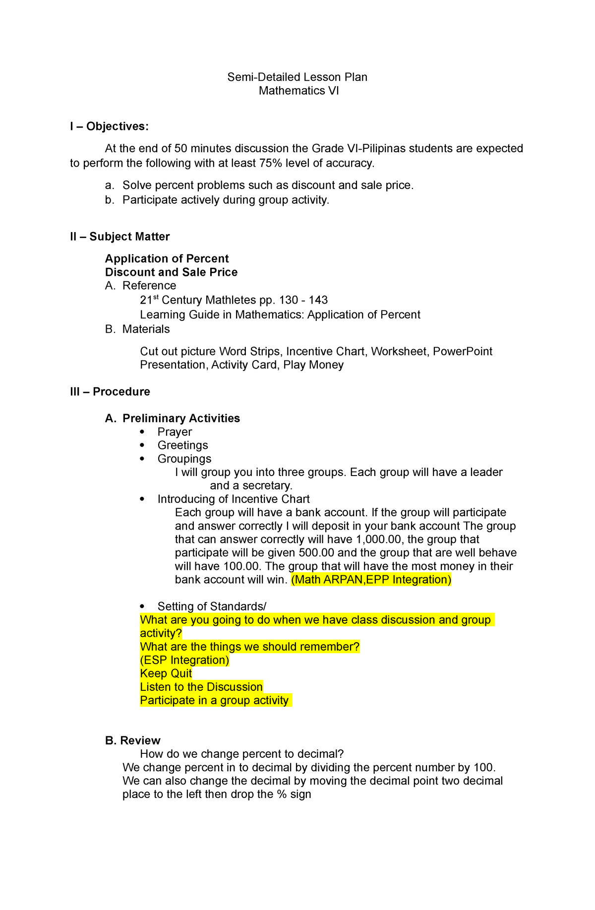 Lesson PLAN IN MATH ADS Semi Detailed Lesson Plan Mathematics VI I 