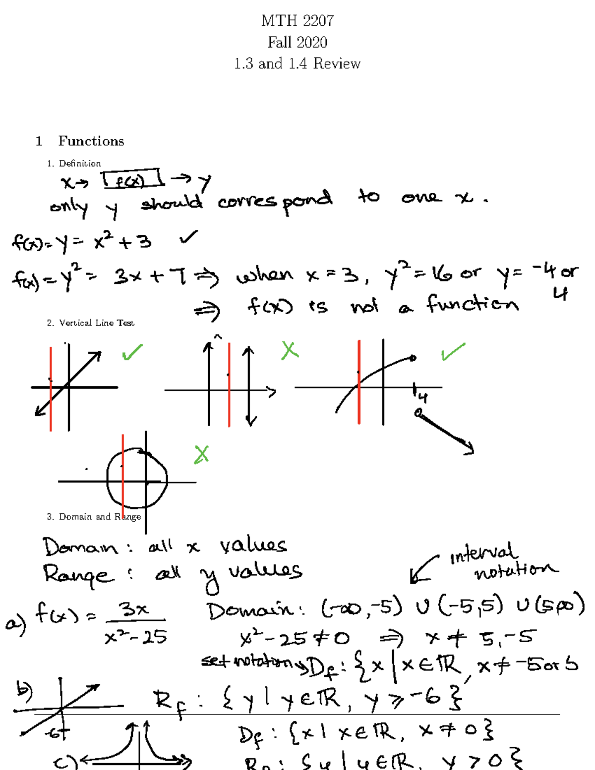 MTH 2207 Lecture 1 - MTH 2207 Fall 2020 1 and 1 Review 1 Functions ...