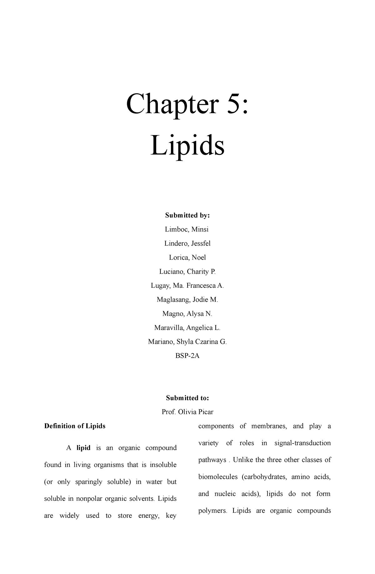 Biochem- Chapter 5- Lipids - Chapter 5: Lipids Submitted By: Limboc ...