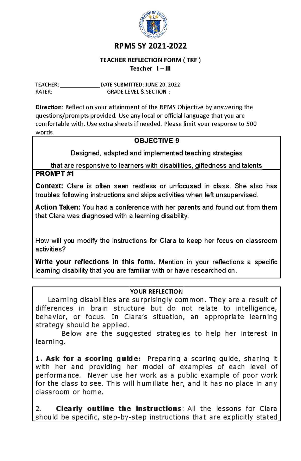 Trf Teacher Reflection On Obj 9 2nd Rpms Sy 2021 Teacher