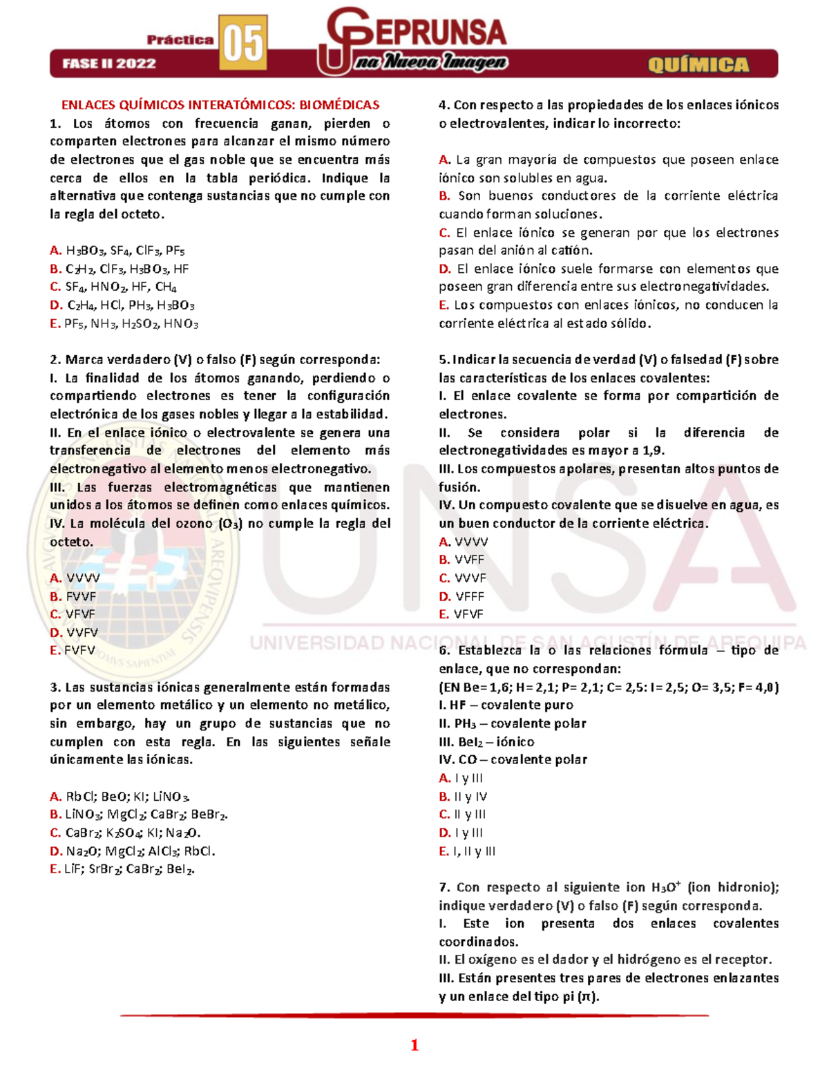 10 Química Práctica 05 Ceprunsa 2022 II FASE - ENLACES QUÍMICOS ...