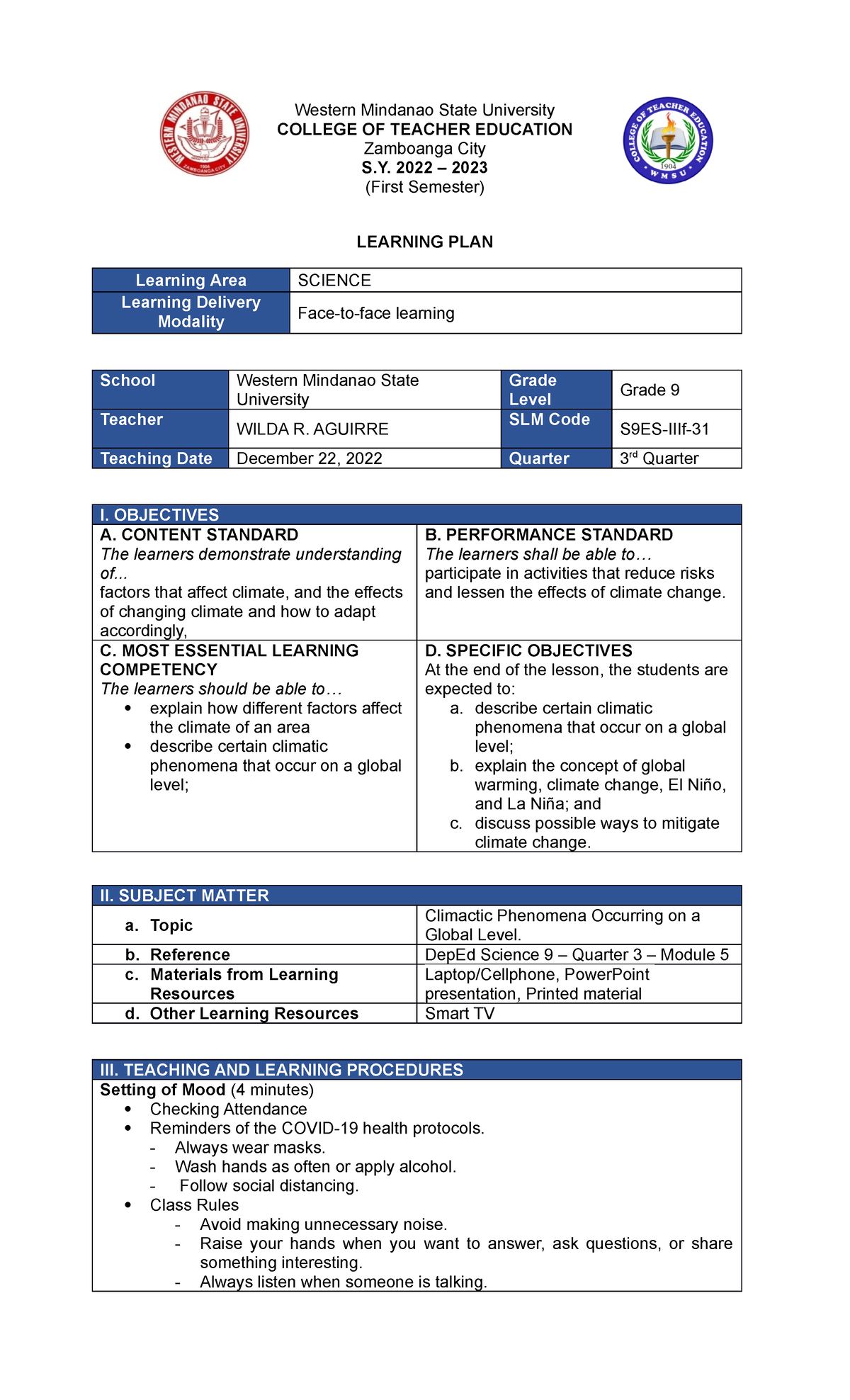TTL2 Learning plan with IBL - Western Mindanao State University COLLEGE ...