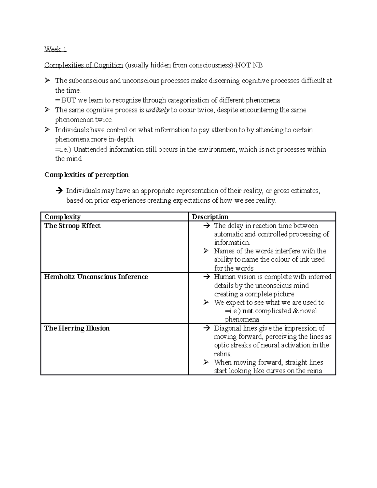 Extra cognition notes - cog - Week 1 Complexities of Cognition (usually ...