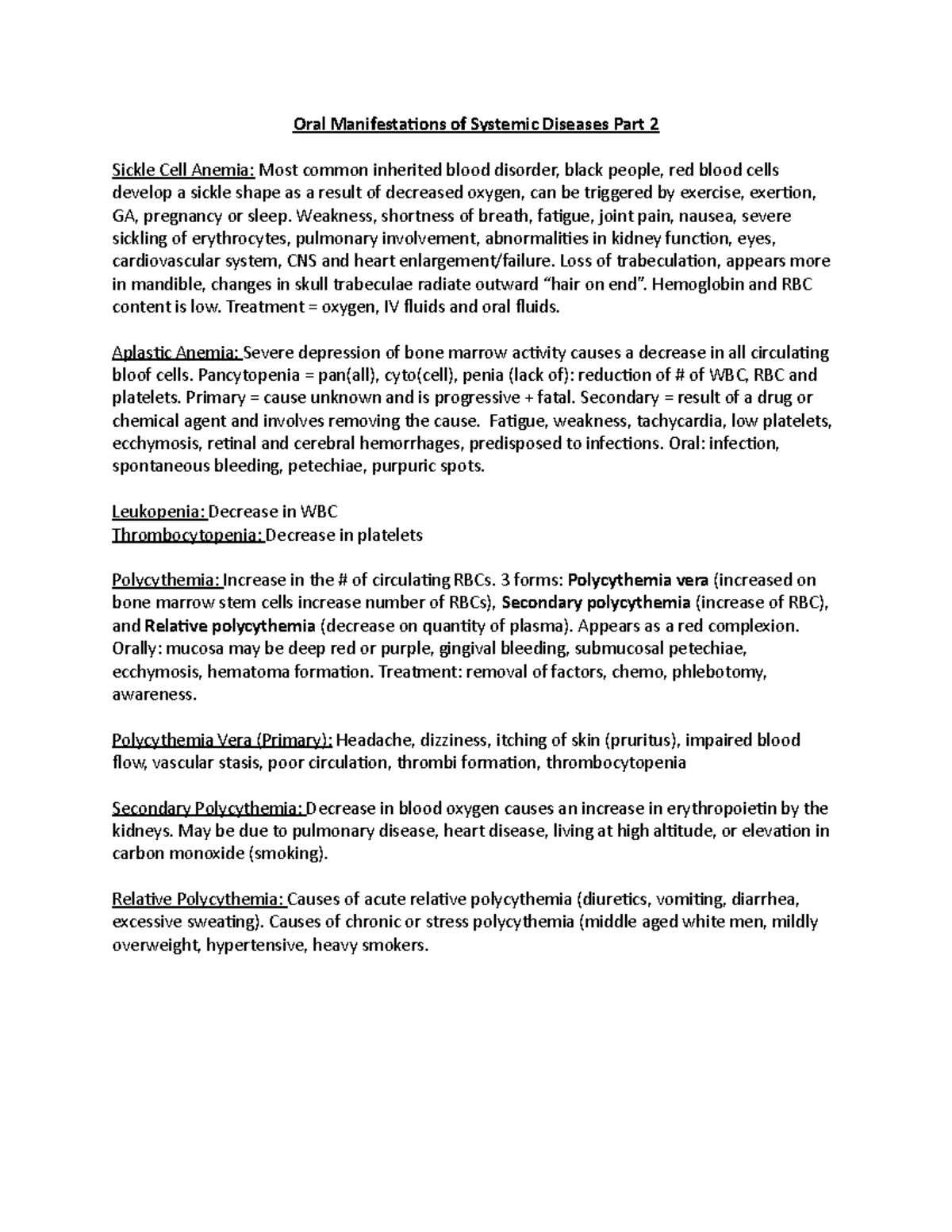 Oral path test 1 Summary Oral Pathology Oral Manifestations of