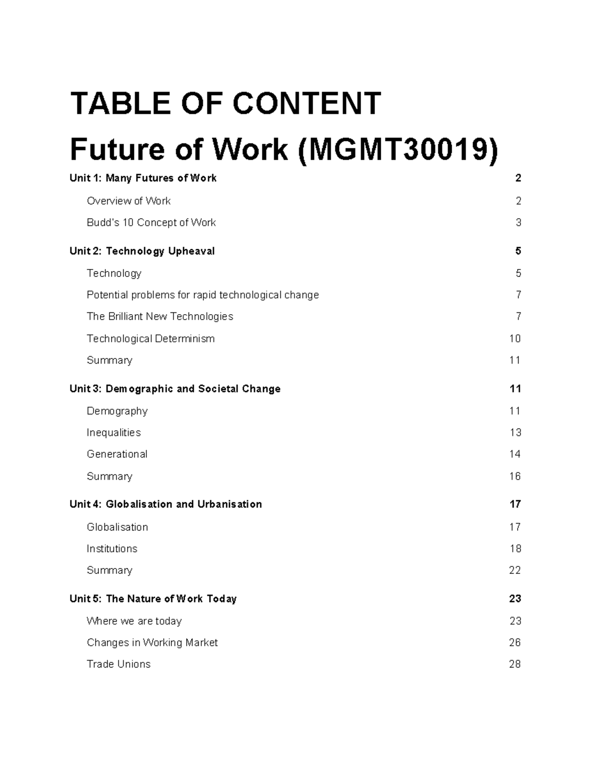 Future Of Work (MGMT30019) - TABLE OF CONTENT Unit 1: Many Futures Of ...