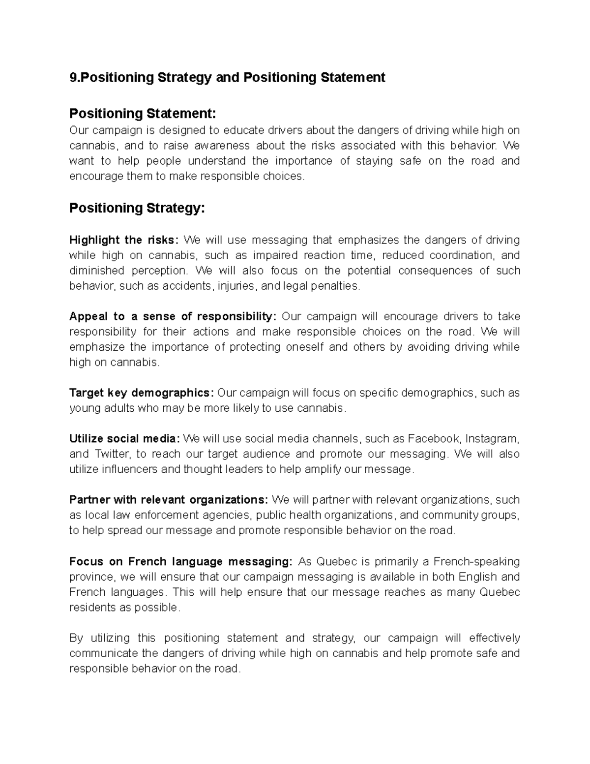 Creative Brief Assignmentt - 9 Strategy and Positioning Statement ...