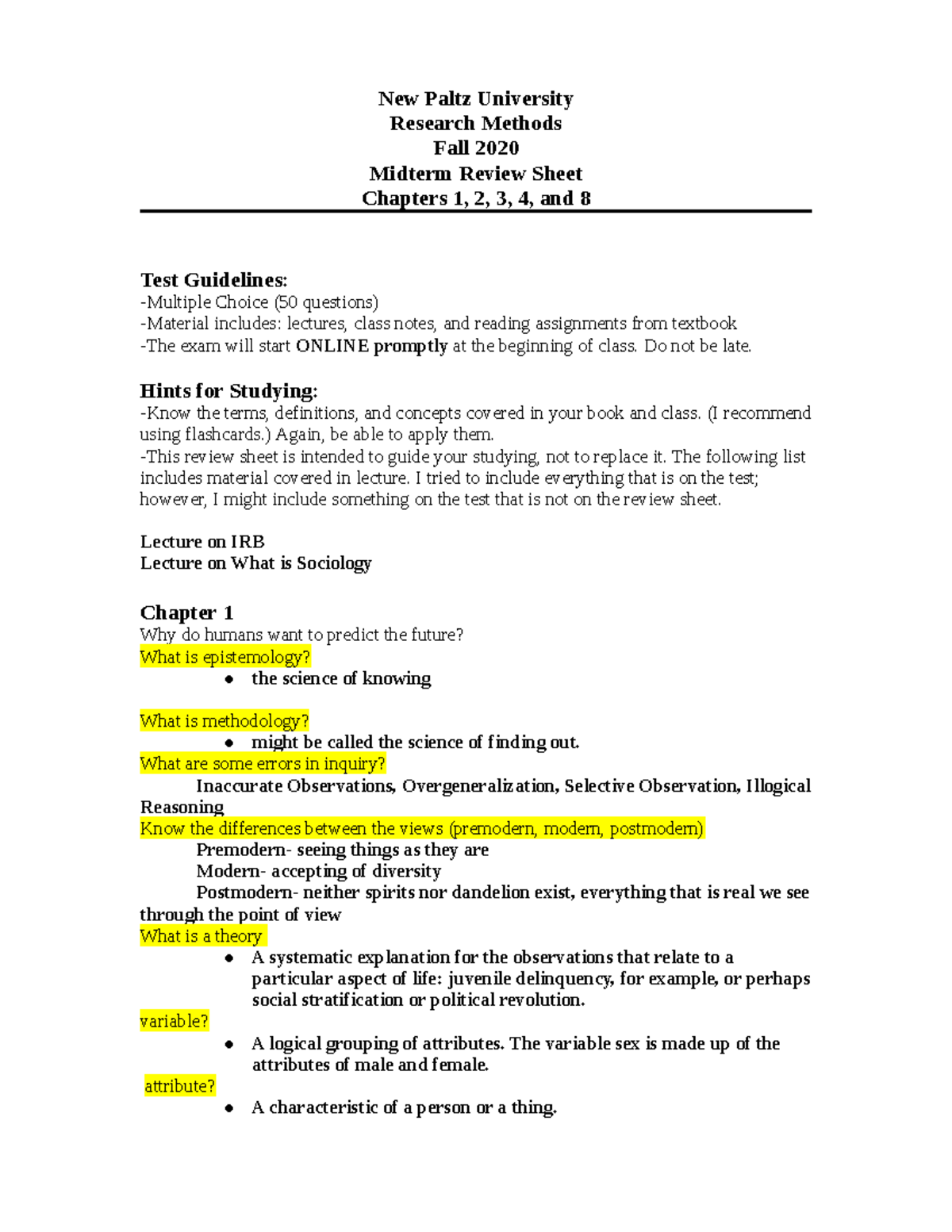 RM Review Sheet for Exam One Oct 2020 - New Paltz University Research ...