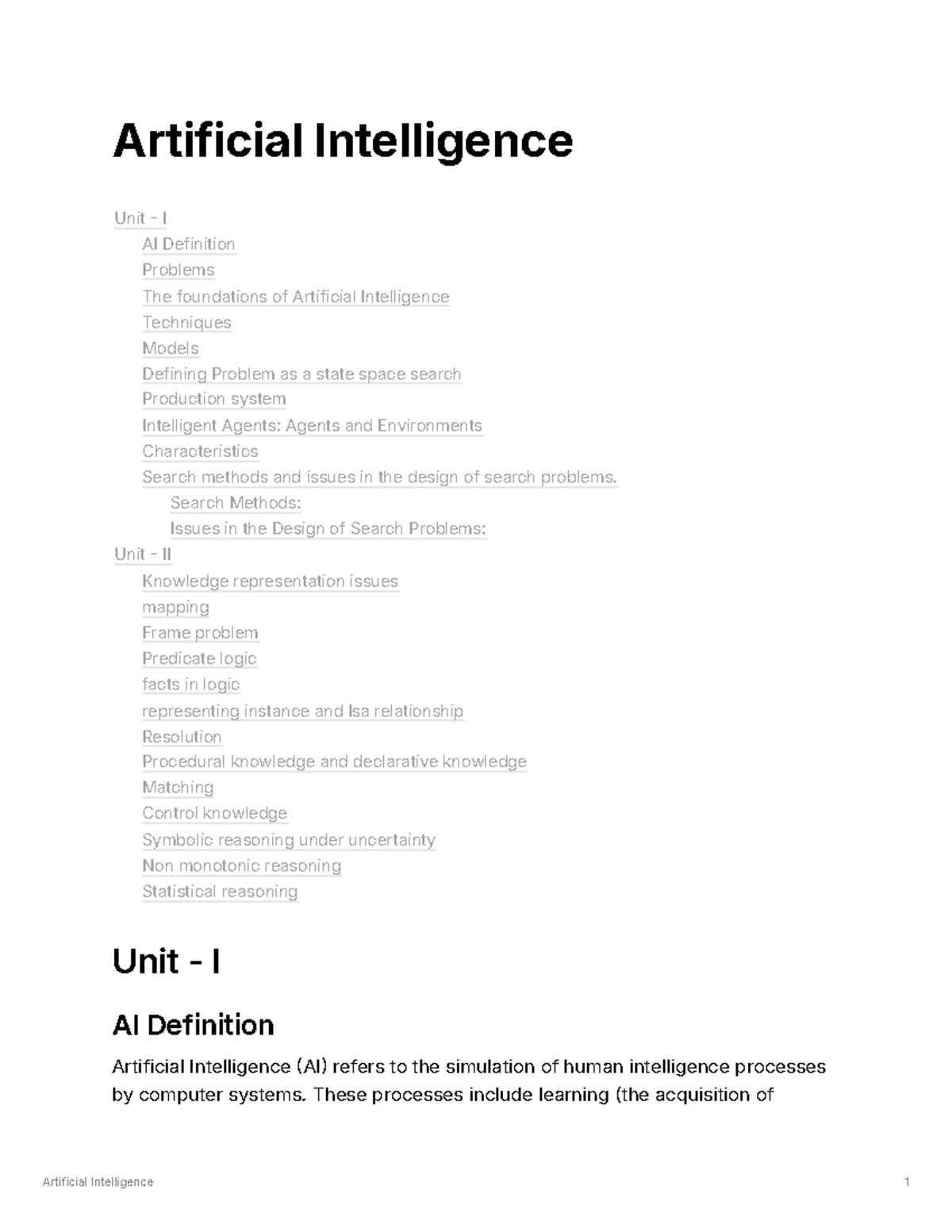 AI - Artificial intelligence - Artificial Intelligence Unit - I AI ...