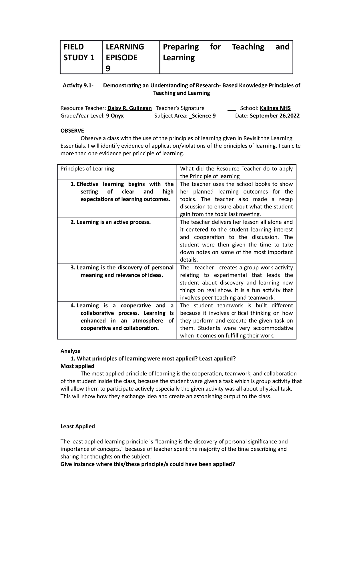 Field Study 1 Ep - FIELD STUDY 1 LEARNING EPISODE 9 Preparing for ...