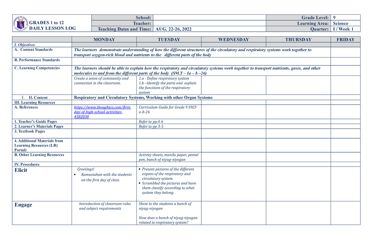 DLL Sci.9 Q1-W1-2022 - GRADES 1 to 12 DAILY LESSON LOG School: Grade ...