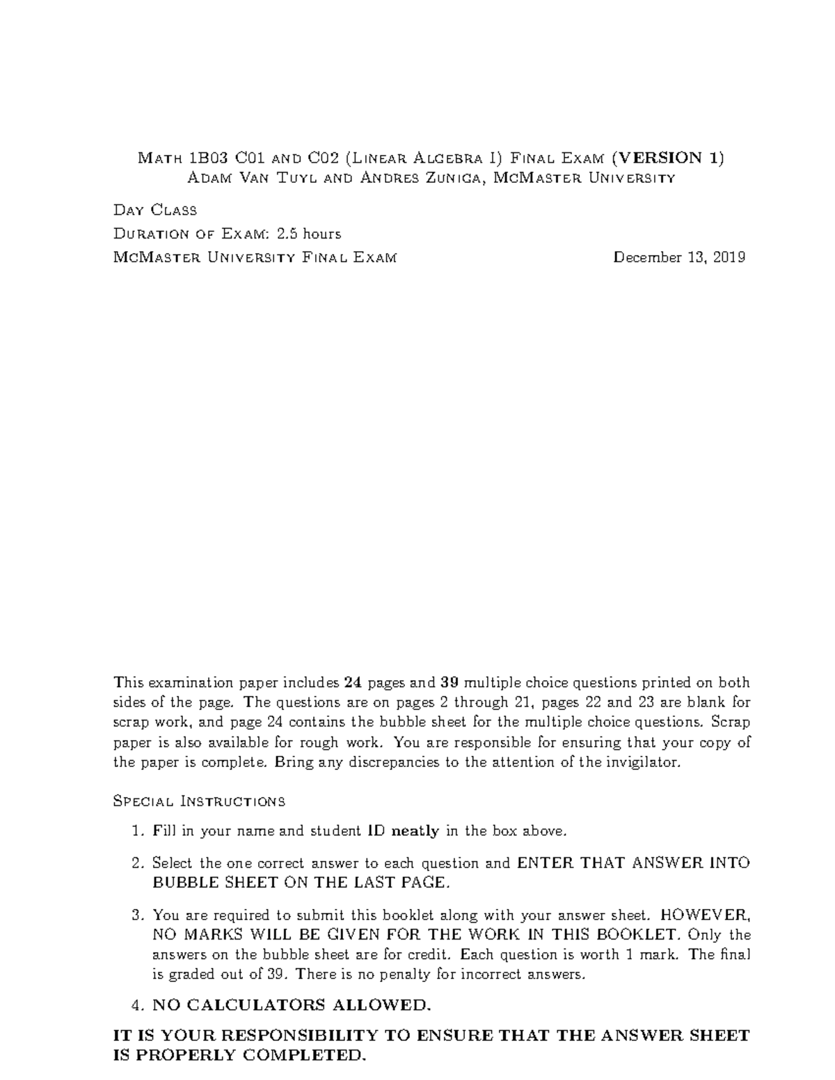 2019 fall math1b03 final v1 - Math 1B03 C01 and C02 (Linear Algebra I ...