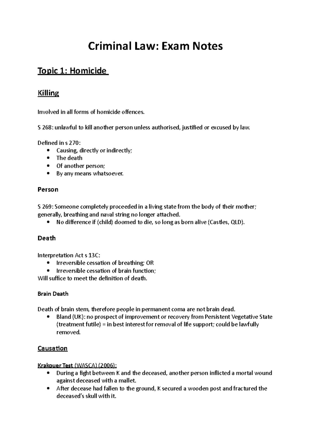 Criminal Law EXAM Notes - Criminal Law: Exam Notes Topic 1: Homicide ...