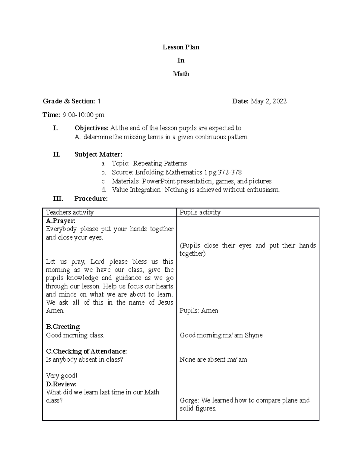 MATH 1 WEEK 5 - Learn Math - Lesson Plan In Math Grade & Section: 1 ...