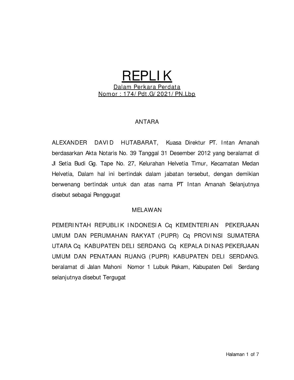 Replikkk - REPLIK - REPLIK Dalam Perkara Perdata Nomor : 174/Pdt.G/2021 ...