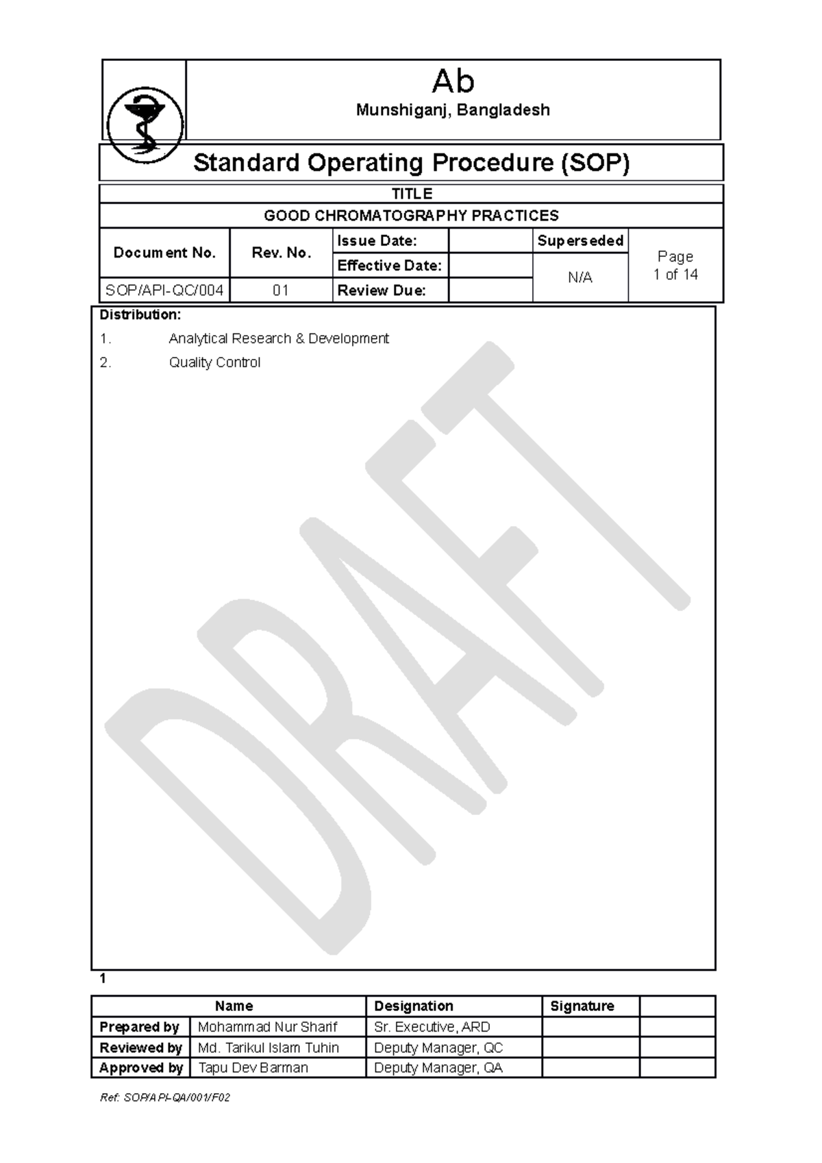 GOOD Chromatography Practices Munshiganj, Bangladesh Standard