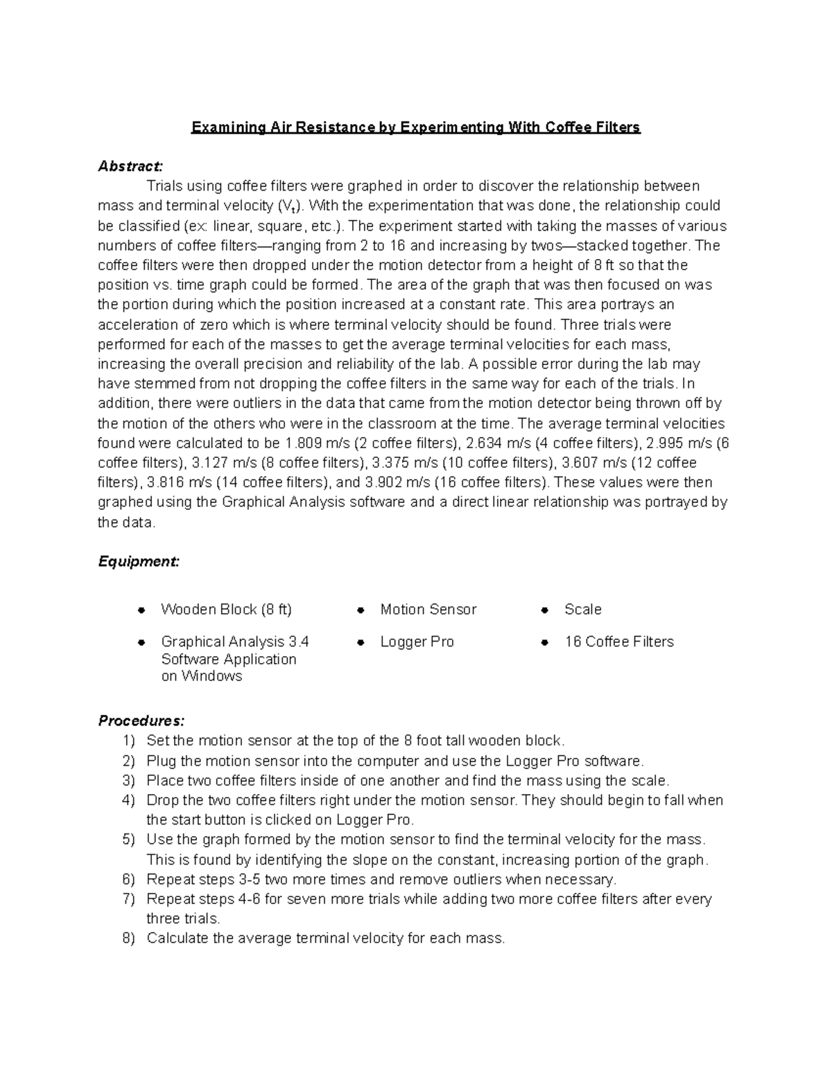 Air Resistance of Falling Bodies Lab Examining Air Resistance by