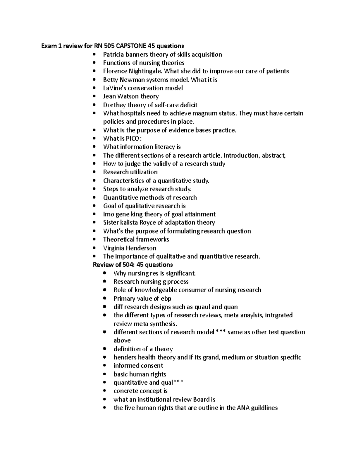 505 and 504 exam review - n/a - Exam 1 review for RN 505 CAPSTONE 45 ...