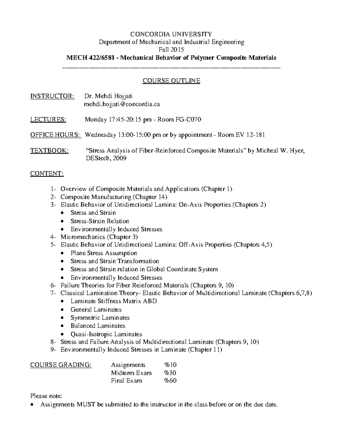 MECH 422 - FALL 2015 - Course Outline - CONCORDIA UNIVERSITY Department ...
