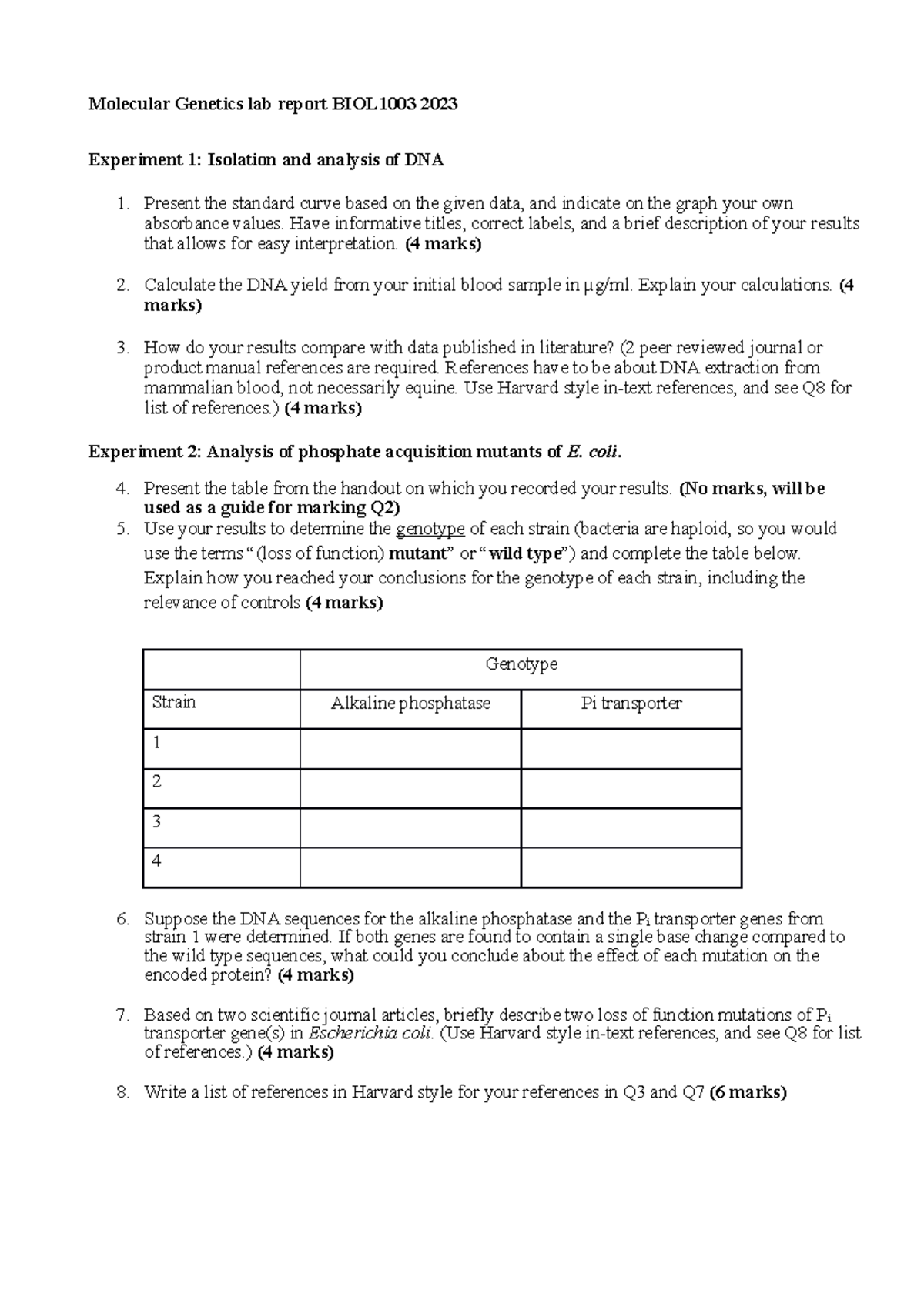 BIOL1003 Assignment 3 Lab Report 2023 - Molecular Genetics Lab Report ...