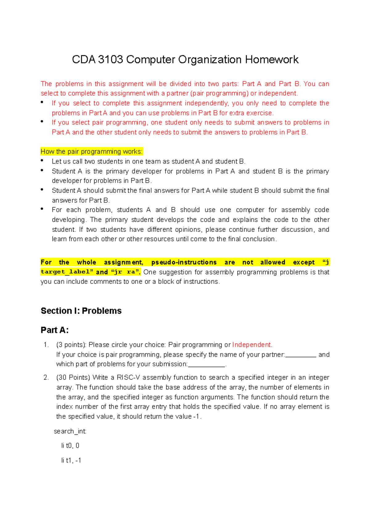 CDA Assignment 7 - CDA 3103 Computer Organization Homework The Problems ...