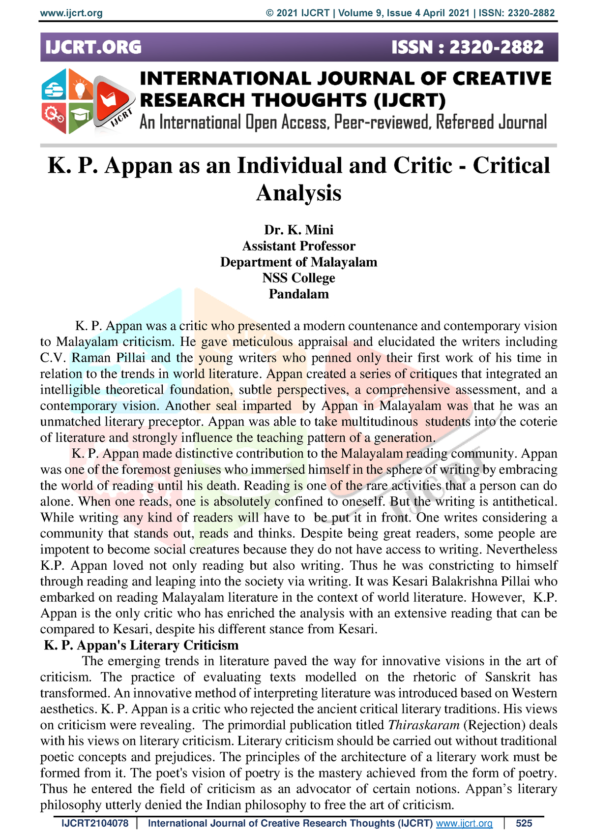 Ijcrt 2104078 - Summary Note - K. P. Appan As An Individual And Critic ...