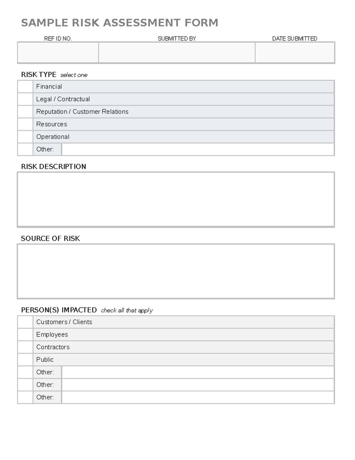 Sample RISK Assessment FORM - SAMPLE RISK ASSESSMENT FORM REF ID NO ...