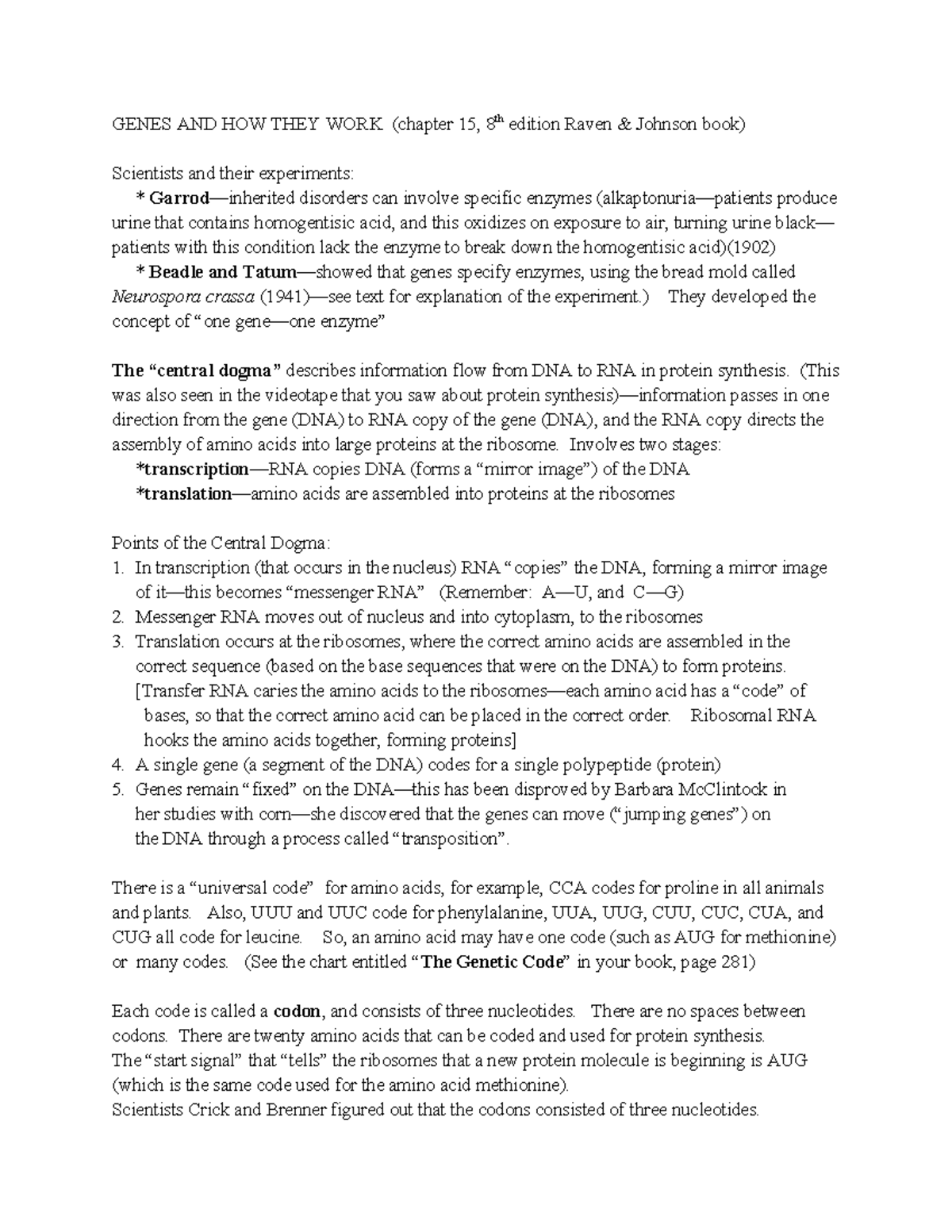 Genes AND HOW THEY WORK (ch 15) - GENES AND HOW THEY WORK (chapter 15 ...