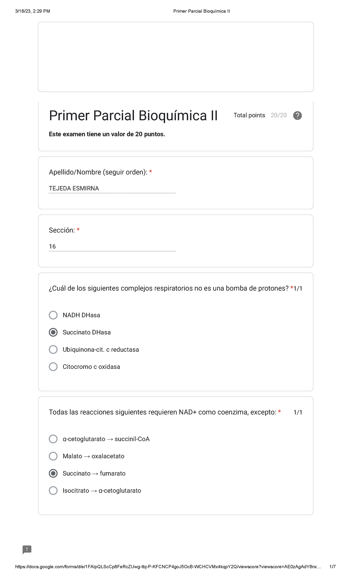 Primer Parcial Bioquímica II - TEJEDA ESMIRNA 16 1/ NADH DHasa ...