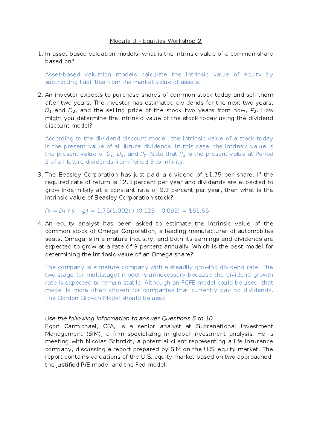 3 Equity 2 Workshop Answers - Module 3 – Equities Workshop 2 In asset ...