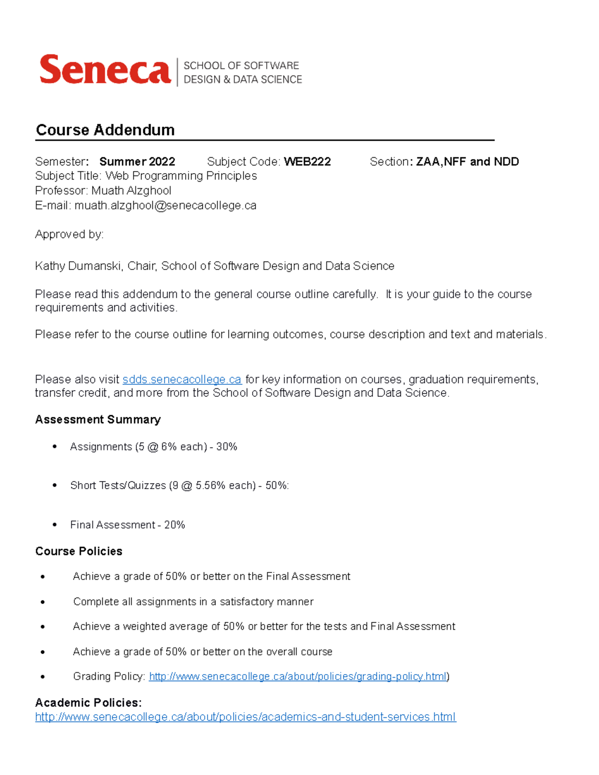 WEB222 Summer 2022 Addendum Muath Alzghool - Course Addendum Semester ...